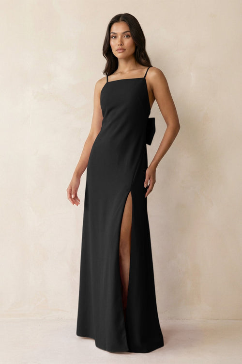 Spaghetti Strap Sheath Satin Bridesmaid Dress with Bow in Black - KissProm Bridesmaid Dresses