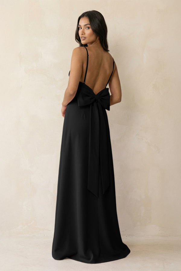 Spaghetti Strap Sheath Satin Bridesmaid Dress with Bow in Black - KissProm Bridesmaid Dresses
