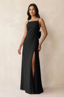 Spaghetti Strap Sheath Satin Bridesmaid Dress with Bow in Black - KissProm Bridesmaid Dresses