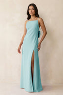 Spaghetti Strap Sheath Satin Bridesmaid Dress with Bow in Bleached Aqua - KissProm Bridesmaid Dresses