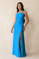 Spaghetti Strap Sheath Satin Bridesmaid Dress with Bow in Blue Jay - KissProm Bridesmaid Dresses