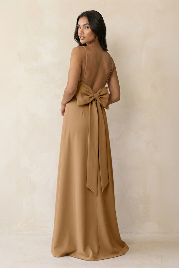 Spaghetti Strap Sheath Satin Bridesmaid Dress with Bow in Bronzer - KissProm Bridesmaid Dresses