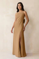 Spaghetti Strap Sheath Satin Bridesmaid Dress with Bow in Bronzer - KissProm Bridesmaid Dresses