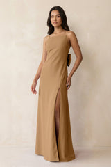 Spaghetti Strap Sheath Satin Bridesmaid Dress with Bow in Bronzer - KissProm Bridesmaid Dresses