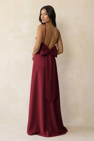 Spaghetti Strap Sheath Satin Bridesmaid Dress with Bow in Burgundy - KissProm Bridesmaid Dresses