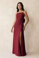 Spaghetti Strap Sheath Satin Bridesmaid Dress with Bow in Burgundy - KissProm Bridesmaid Dresses