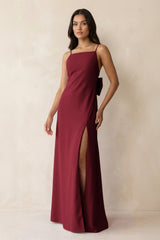 Spaghetti Strap Sheath Satin Bridesmaid Dress with Bow in Burgundy - KissProm Bridesmaid Dresses