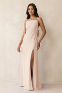 Spaghetti Strap Sheath Satin Bridesmaid Dress with Bow in Buttercream - KissProm Bridesmaid Dresses