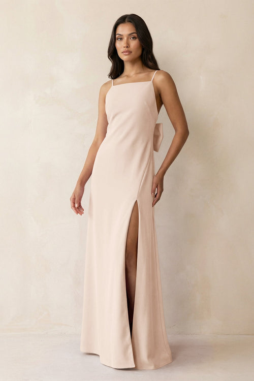 Spaghetti Strap Sheath Satin Bridesmaid Dress with Bow in Buttercream - KissProm Bridesmaid Dresses