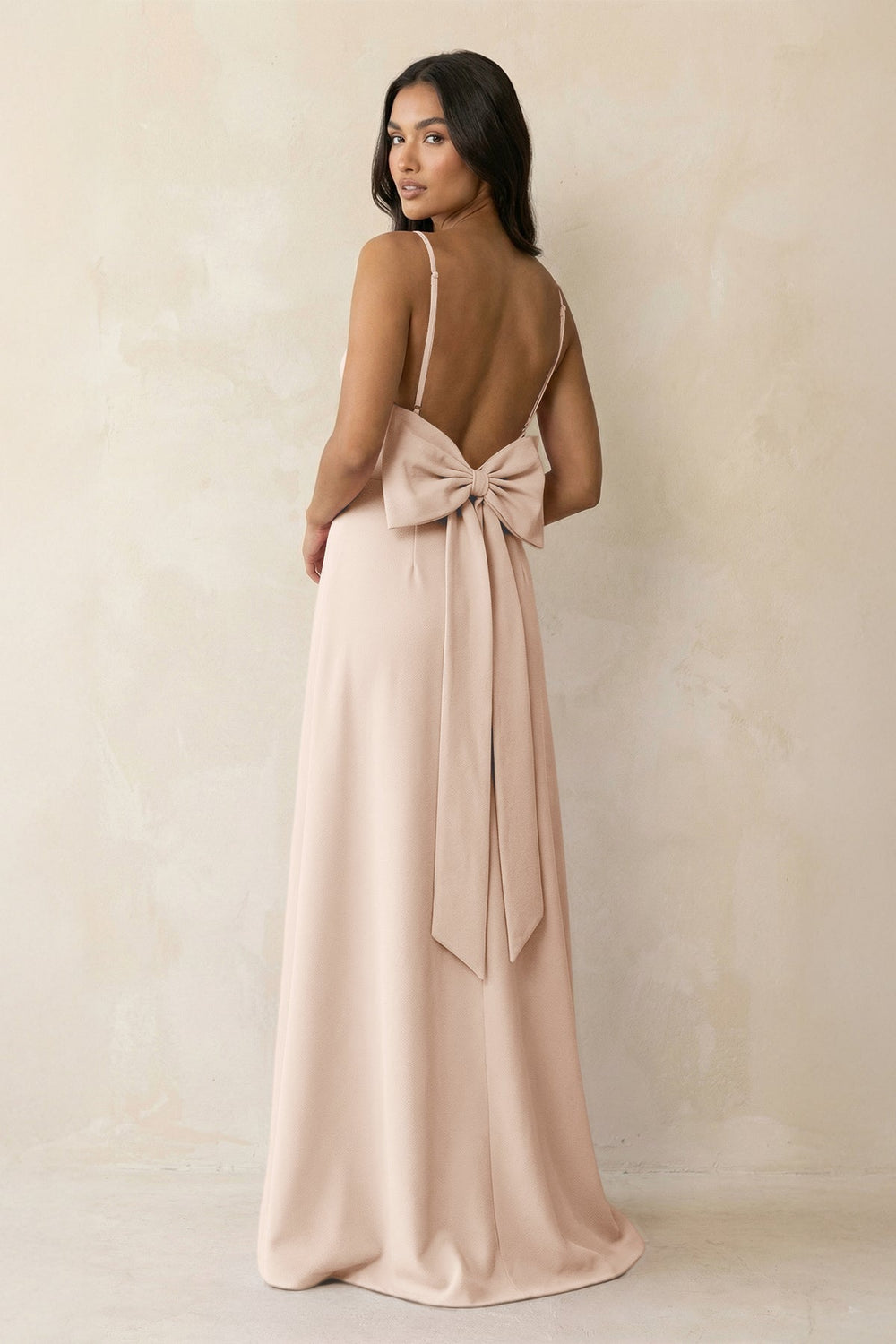 Spaghetti Strap Sheath Satin Bridesmaid Dress with Bow in Buttercream - KissProm Bridesmaid Dresses