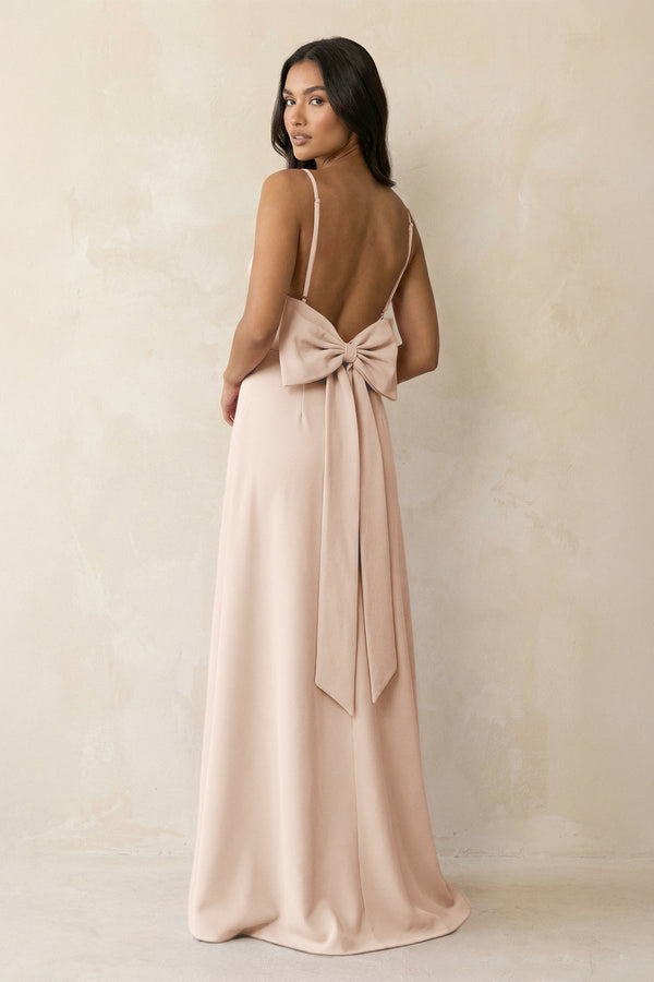 Spaghetti Strap Sheath Satin Bridesmaid Dress with Bow in Buttercream - KissProm Bridesmaid Dresses