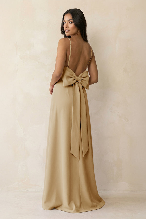 Spaghetti Strap Sheath Satin Bridesmaid Dress with Bow in Champagne - KissProm Bridesmaid Dresses