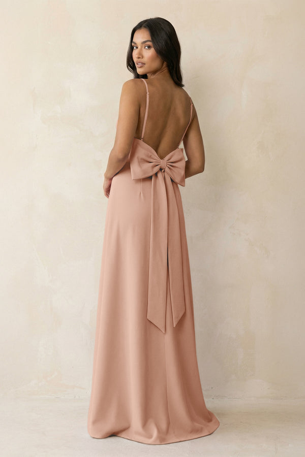 Spaghetti Strap Sheath Satin Bridesmaid Dress with Bow in Champagne Rose - KissProm Bridesmaid Dresses