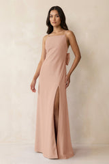 Spaghetti Strap Sheath Satin Bridesmaid Dress with Bow in Champagne Rose - KissProm Bridesmaid Dresses