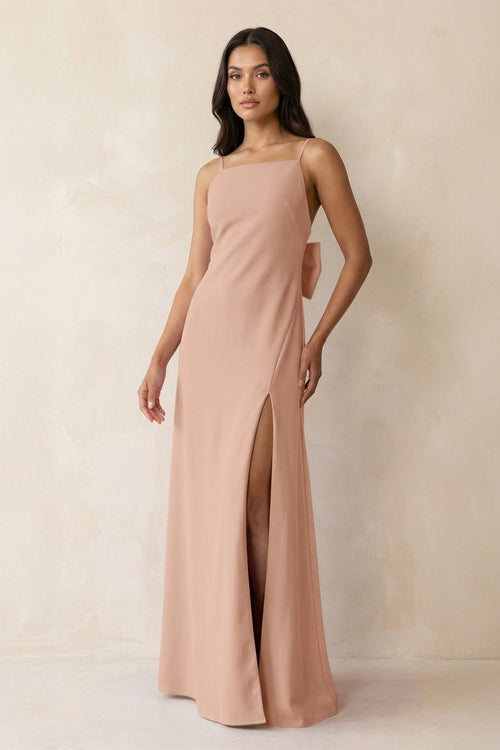 Spaghetti Strap Sheath Satin Bridesmaid Dress with Bow in Champagne Rose - KissProm Bridesmaid Dresses