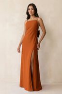 Spaghetti Strap Sheath Satin Bridesmaid Dress with Bow in Cinnamon - KissProm Bridesmaid Dresses