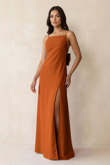 Spaghetti Strap Sheath Satin Bridesmaid Dress with Bow in Cinnamon - KissProm Bridesmaid Dresses