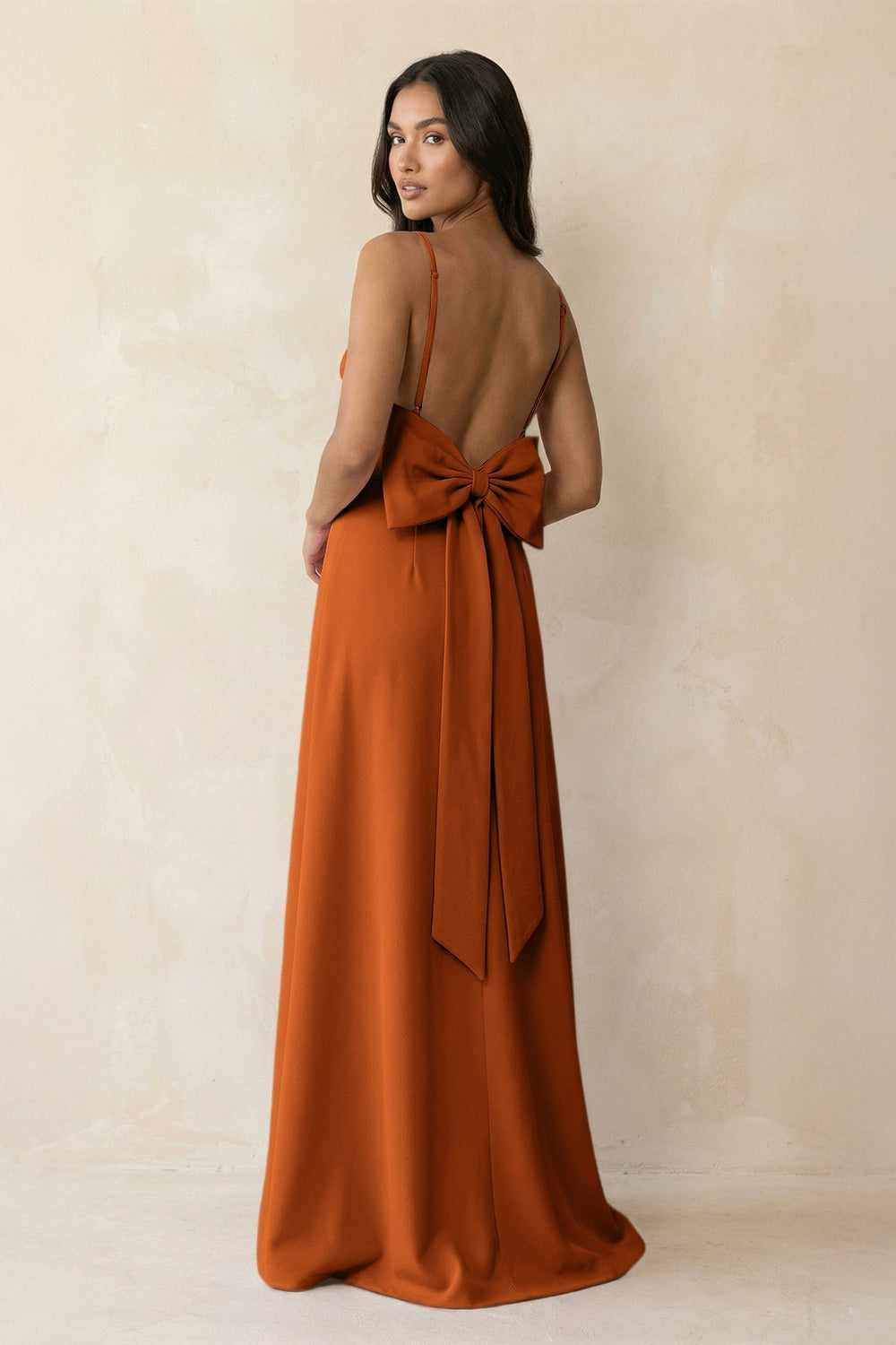 Spaghetti Strap Sheath Satin Bridesmaid Dress with Bow in Cinnamon - KissProm Bridesmaid Dresses
