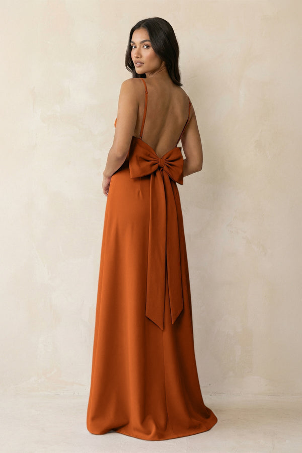 Spaghetti Strap Sheath Satin Bridesmaid Dress with Bow in Cinnamon - KissProm Bridesmaid Dresses