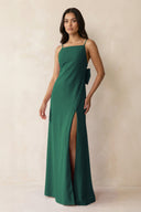 Spaghetti Strap Sheath Satin Bridesmaid Dress with Bow in Dark Green - KissProm Bridesmaid Dresses