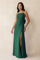 Spaghetti Strap Sheath Satin Bridesmaid Dress with Bow in Dark Green - KissProm Bridesmaid Dresses