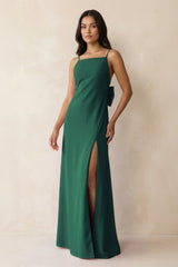 Spaghetti Strap Sheath Satin Bridesmaid Dress with Bow in Dark Green - KissProm Bridesmaid Dresses
