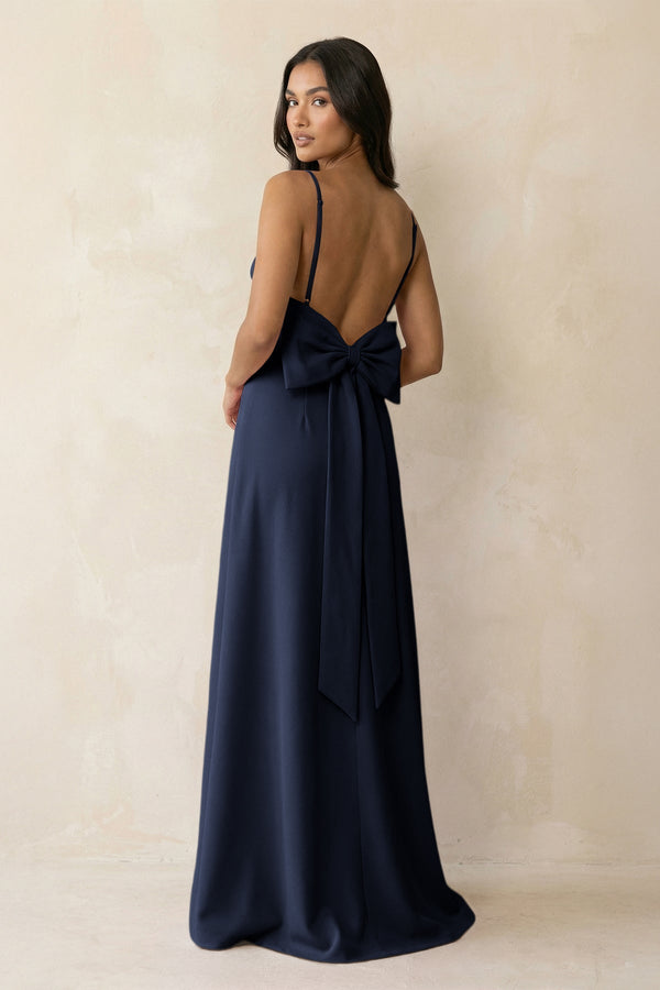 Spaghetti Strap Sheath Satin Bridesmaid Dress with Bow in Dark Navy - KissProm Bridesmaid Dresses