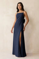 Spaghetti Strap Sheath Satin Bridesmaid Dress with Bow in Dark Navy - KissProm Bridesmaid Dresses