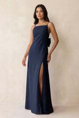 Spaghetti Strap Sheath Satin Bridesmaid Dress with Bow in Dark Navy - KissProm Bridesmaid Dresses