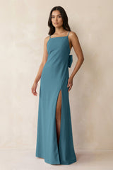 Spaghetti Strap Sheath Satin Bridesmaid Dress with Bow in Dark Teal - KissProm Bridesmaid Dresses