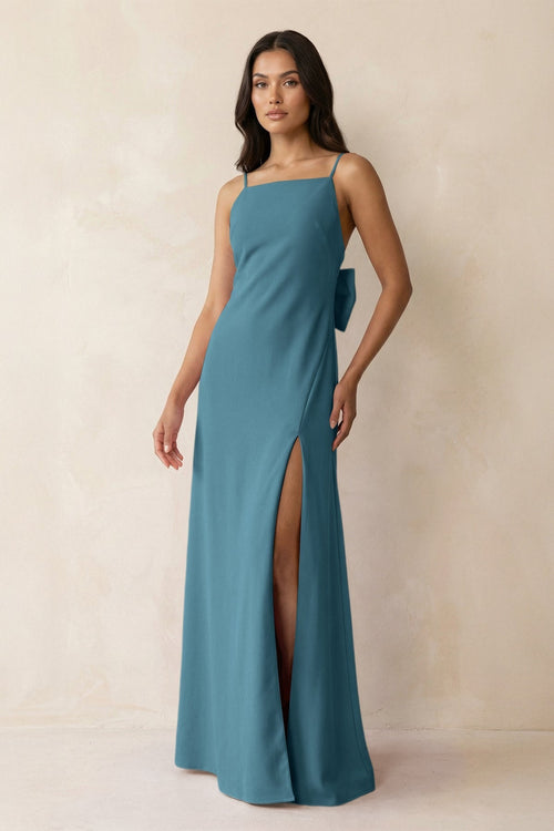 Spaghetti Strap Sheath Satin Bridesmaid Dress with Bow in Dark Teal - KissProm Bridesmaid Dresses