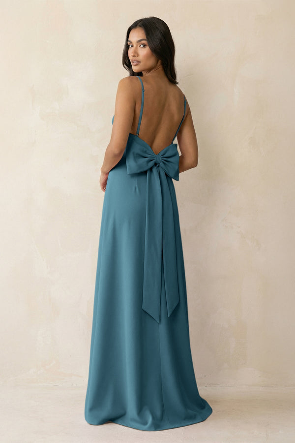 Spaghetti Strap Sheath Satin Bridesmaid Dress with Bow in Dark Teal - KissProm Bridesmaid Dresses