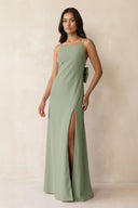 Spaghetti Strap Sheath Satin Bridesmaid Dress with Bow in Dove Gray - KissProm Bridesmaid Dresses