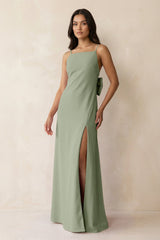 Spaghetti Strap Sheath Satin Bridesmaid Dress with Bow in Dove Gray - KissProm Bridesmaid Dresses
