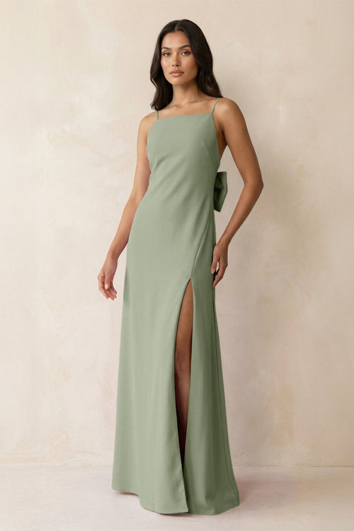 Spaghetti Strap Sheath Satin Bridesmaid Dress with Bow in Dove Gray - KissProm Bridesmaid Dresses