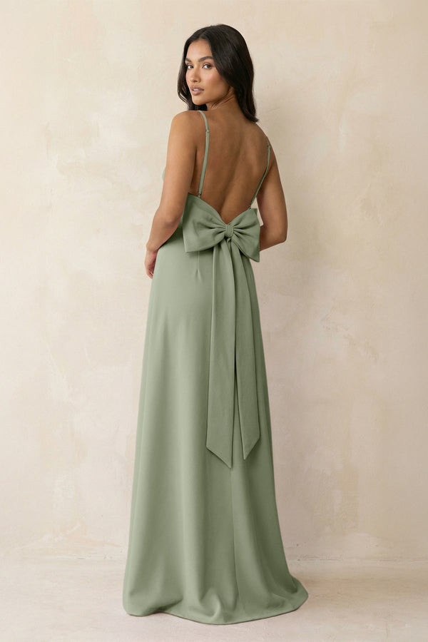 Spaghetti Strap Sheath Satin Bridesmaid Dress with Bow in Dove Gray - KissProm Bridesmaid Dresses