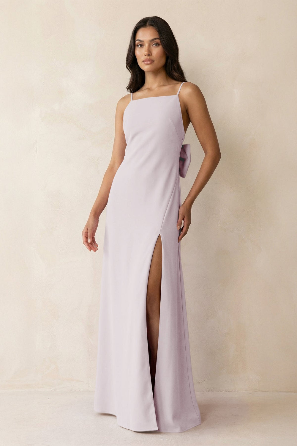 Spaghetti Strap Sheath Satin Bridesmaid Dress with Bow in Dusk - KissProm Bridesmaid Dresses