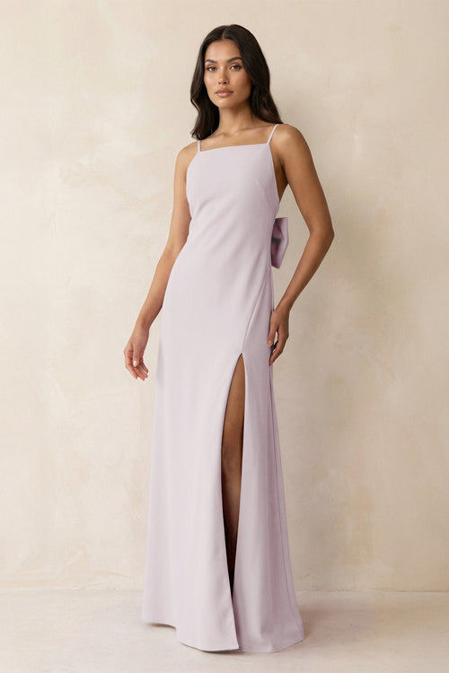 Spaghetti Strap Sheath Satin Bridesmaid Dress with Bow in Dusk - KissProm Bridesmaid Dresses