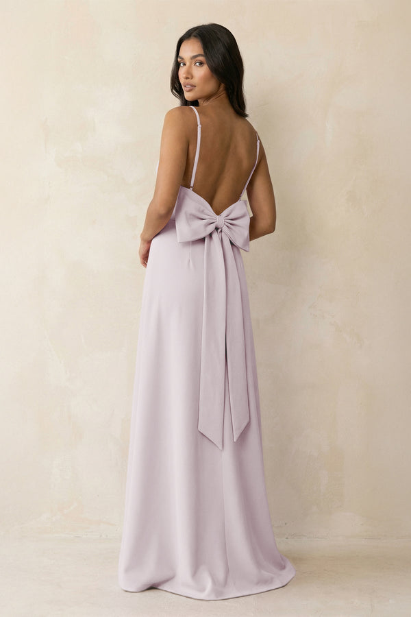 Spaghetti Strap Sheath Satin Bridesmaid Dress with Bow in Dusk - KissProm Bridesmaid Dresses