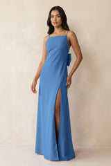 Spaghetti Strap Sheath Satin Bridesmaid Dress with Bow in Dusty Blue - KissProm Bridesmaid Dresses