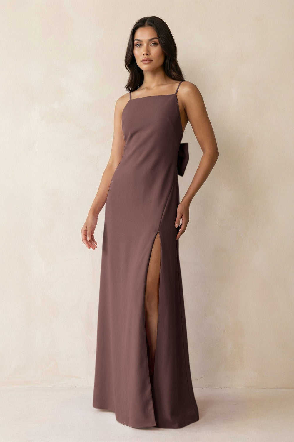 Spaghetti Strap Sheath Satin Bridesmaid Dress with Bow in Espresso - KissProm Bridesmaid Dresses