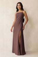 Spaghetti Strap Sheath Satin Bridesmaid Dress with Bow in Espresso - KissProm Bridesmaid Dresses