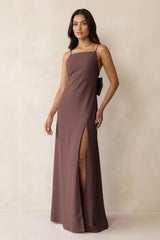 Spaghetti Strap Sheath Satin Bridesmaid Dress with Bow in Espresso - KissProm Bridesmaid Dresses