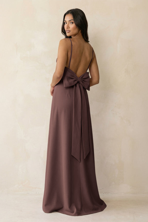 Spaghetti Strap Sheath Satin Bridesmaid Dress with Bow in Espresso - KissProm Bridesmaid Dresses