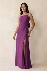Spaghetti Strap Sheath Satin Bridesmaid Dress with Bow in Fig - KissProm Bridesmaid Dresses