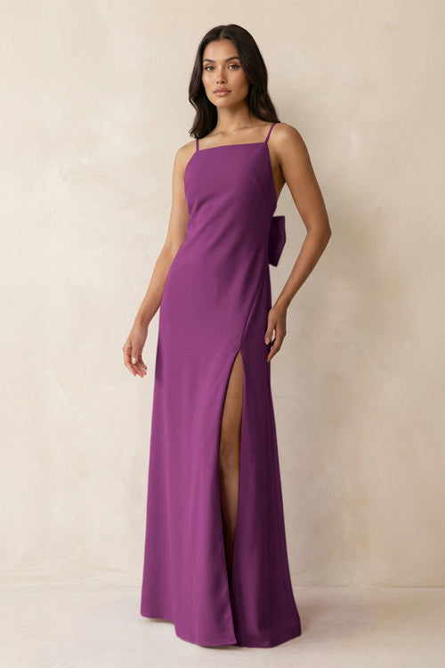 Spaghetti Strap Sheath Satin Bridesmaid Dress with Bow in Fig - KissProm Bridesmaid Dresses