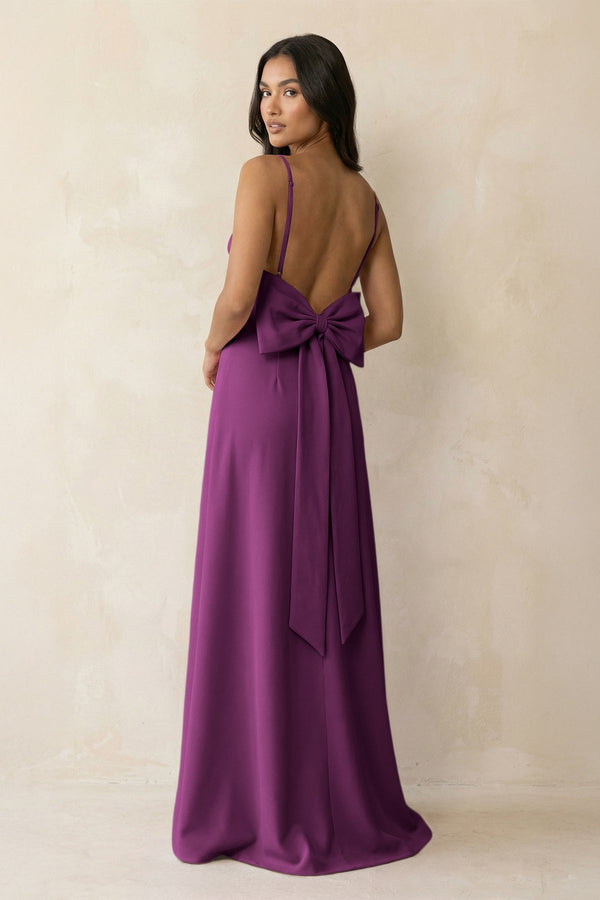 Spaghetti Strap Sheath Satin Bridesmaid Dress with Bow in Fig - KissProm Bridesmaid Dresses