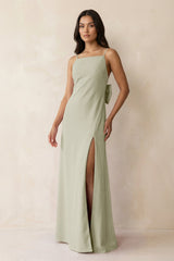 Spaghetti Strap Sheath Satin Bridesmaid Dress with Bow in Frost - KissProm Bridesmaid Dresses