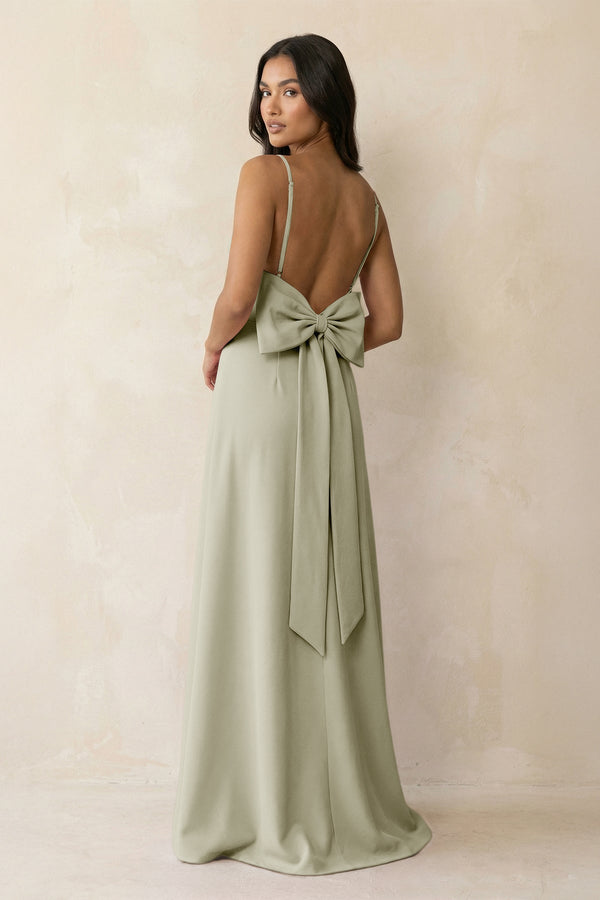 Spaghetti Strap Sheath Satin Bridesmaid Dress with Bow in Frost - KissProm Bridesmaid Dresses