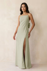 Spaghetti Strap Sheath Satin Bridesmaid Dress with Bow in Frost - KissProm Bridesmaid Dresses